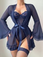Lace One-Piece Sleepwear Flare Sleeve Sexy Belted Lingerie Set with Stockings for Women - imagine 11