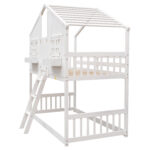 Twin over Twin House Bunk Bed with Roof , Window, Window Box, Door , with Safety Guardrails and Ladder,White - imagine 4