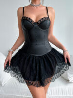 Lace sexy mesh PU spicy girl sexy suspender dress set - imagine 6