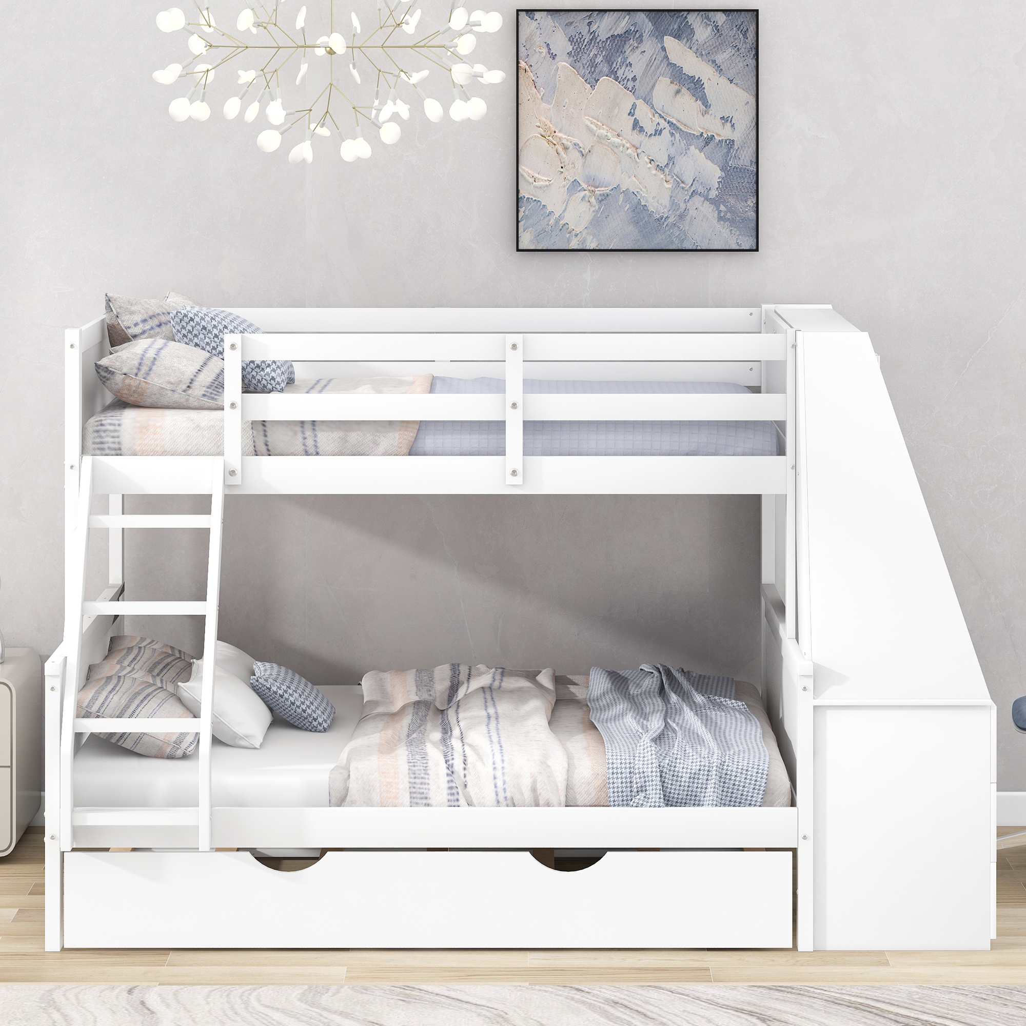 558112894 Twin over Full Bunk Bed with Trundle and Built-in Desk, Three Storage Drawers and Shelf,White - imagine 1