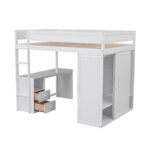 Wood Full Size Loft Bed with Wardrobes and 2-Drawer Desk with Cabinet, White - imagine 16