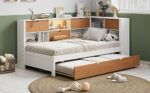L-shaped bed frame with luggage and bookshelf, corner bed wooden captain's bed LED tube light and USB port walnut and white - imagine 16