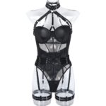 Erotic One-Piece Ins Mesh Straps Spliced Heavy Craft Hanging Neck With Leg Rings Underwear - imagine 7