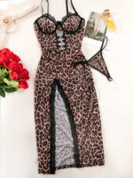 Sexy Leopard Print Sheer Strapless Dress with Lace Hem and Slit for Women - imagine 6