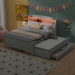 Full Size Platform Bed with Storage LED Headboard  Twin Size Trundle and 3 Drawers White - imagine 18