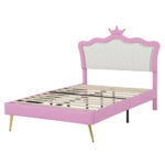 Full Size Upholstered Bed Frame with LED Lights, Modern Upholstered Princess Bed with Crown Headboard, Pink+White - imagine 18
