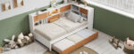 L-shaped bed frame with luggage and bookshelf, corner bed wooden captain's bed LED tube light and USB port walnut and white - imagine 19