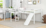 L-Shaped Twin Size Loft Bed with Ladder and Slide, White - imagine 16