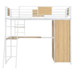 Twin Size Loft bed with L-shape Desk and Wardrobe, White - imagine 10