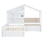 Twin Size House Bed with Upholstered Sofa, House Bed with Charging Station, Wireless Charging, Shelves and Two Drawers, White - imagine 4