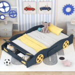 Full Size Race Car-Shaped Platform Bed with Wheels and Storage, Dark Blue+Yellow - imagine 2