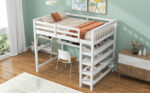 Full Size Loft Bed with Storage Shelves and Under-bed Desk White - imagine 6
