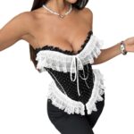 French Polka Dot Spicy Girl Tie Lace Trim Buttoned Fitted Sexy Tube Top for Women - imagine 5