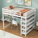 Full Size Loft Bed with Storage Shelves and Under-bed Desk White - imagine 2