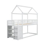 TWIN/TWIN HOUSE BUNK BED WITH SHELVES AND DRAWERS FOR WHITE COLOR - imagine 5