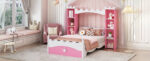 Castle-Shaped Wooden Bed with Storage Shelf, Dreamy Twin Size Platform Bed for Kids Bedroom, Pink+ White - imagine 7