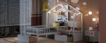 Twin Size House Bed with Upholstered Sofa, House Bed with Charging Station, Wireless Charging, Shelves and Two Drawers, White - imagine 3