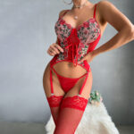 Floral Embroidery Cross-Tie Women's Sexy Lingerie Set Red Valentine's Day Gift Three-Piece Set - imagine 3