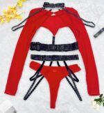 Complex Strap Halter Waistband Mesh Long Sleeve Sexy Women's Four-Piece Set - imagine 7