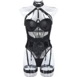 Erotic One-Piece Ins Mesh Straps Spliced Heavy Craft Hanging Neck With Leg Rings Underwear - imagine 9