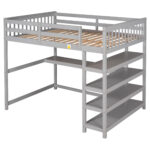 Full Size Loft Bed with Storage Shelves and Under-bed Desk, Gray - imagine 3