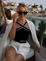 Women Sexy Contrast Sleeveless Backless Top Fashion Elegant Crossover V Neck Casual Vest Summer Female High Street Tops - imagine 2
