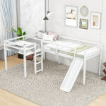 L-Shaped Twin Size Loft Bed with Ladder and Slide, White - imagine 4
