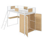 Twin Size Loft bed with L-shape Desk and Wardrobe, White - imagine 18