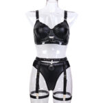 Punk Style Black PU Matte Leather with Metal Studs 3-Piece Set Erotic Lingerie - imagine 6