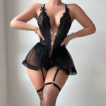 Lace Mesh Deep V-Neck Exposed Chest Transparent Sexy Bodysuit Erotic Underwear  Metal Chain Sling Dress