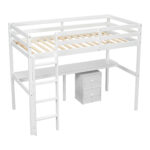 Twin Loft Wood Bed with Under-bed, Built-in Desk, a Storage Cabinet of 2 Drawers, Guardrails, Ladder,White - imagine 21