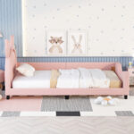 Twin Size Upholstered Daybed with Carton Ears Shaped Headboard  Pink - imagine 4