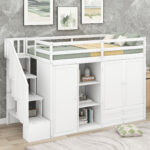 Functional Loft Bed with 3 Shelves, 2 Wardrobes and 2 Drawers, Ladder with Storage, No Box Spring Needed, White - imagine 8
