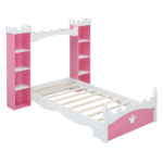 Castle-Shaped Wooden Bed with Storage Shelf, Dreamy Twin Size Platform Bed for Kids Bedroom, Pink+ White - imagine 8
