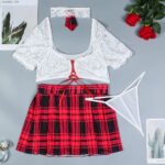 Cute Girl Maid Costume Red Plaid Skirt Sexy Strap Short Top Bow Tie Underwear - imagine 6