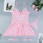 Pink Cute Lolita Nightgown with Bowknot and Lace-Up Cross Design, Net Fabric Ruffle Hem European and American Four-Piece Set for Women - imagine 6