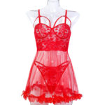 Valentine's Day Red Sexy Lingerie Lace Spliced Mesh Transparent Strapless Dress and Thong Two-Piece Set for Women - imagine 6