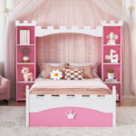 Castle-Shaped Wooden Bed with Storage Shelf, Dreamy Twin Size Platform Bed for Kids Bedroom, Pink+ White - imagine 10