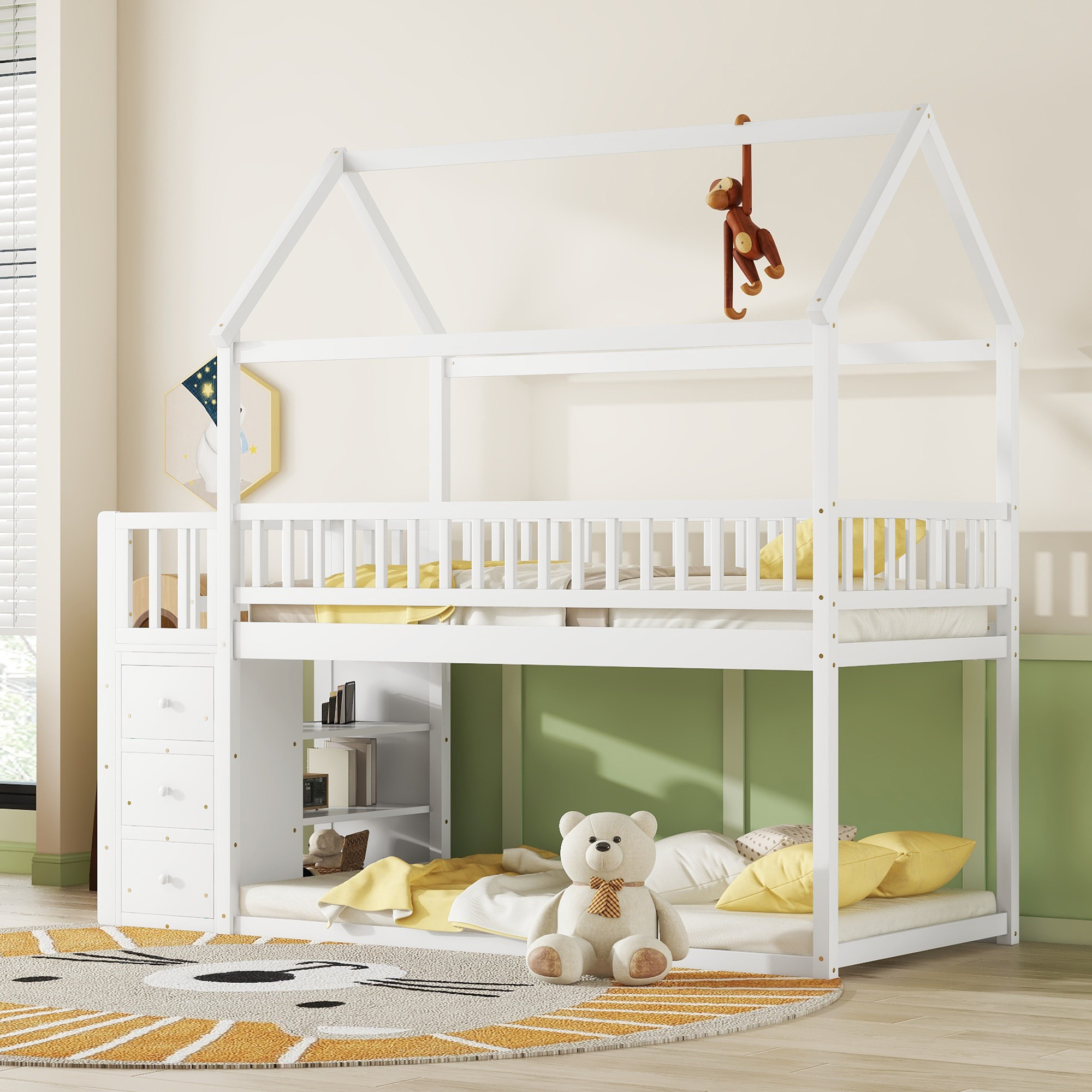 558113178 TWIN/TWIN HOUSE BUNK BED WITH SHELVES AND DRAWERS FOR WHITE COLOR - imagine 1