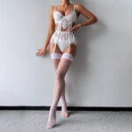 Long Net Stockings White Lace Eyelash Fringe Hollow-out Splicing Cute Skirt Hem Strapless Top Three-piece Set - imagine 3