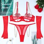 Christmas Red Heart Crystal Spliced Metal Chain Hollow  Sexy Lingerie Four-Piece Set - imagine 6