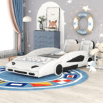 Twin Size Race Car-Shaped Platform Bed with Wheels, White - imagine 5