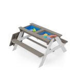 3-in-1 Kids Outdoor Wooden Picnic Table With Umbrella, Sand & Water, Gray ASTM - imagine 4