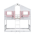 Twin over Twin House Bunk Bed with Roof , Window, Window Box, Door , with Safety Guardrails and Ladder, Pink/White - imagine 13