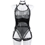 Muse New Leather Cutting Heavy Work Splicing Sheer Mesh Overalls with Detachable Halter Neck Black Two-Piece Set - imagine 6