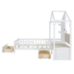 Twin Size House Bed with Upholstered Sofa, House Bed with Charging Station, Wireless Charging, Shelves and Two Drawers, White - imagine 22