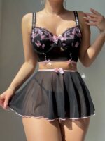 Embroidered gathering perspective cute erotic lingerie backless uniform set for women two-piece set - imagine 6