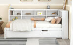 Wooden Twin Size DayBed with Twin Trundle, DayBed with Storage Shelf and USB Charging Ports,White - imagine 5