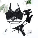 Water-Soluble Flower Embroidery Pure Color Splicing Design Strap Waist-Cinching Three-Piece Set Seductive Lingerie - imagine 6