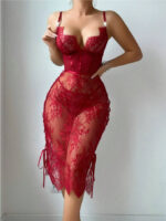 Lace Hollow-out Red Sexy Chest-exposing Bodycon Lingerie Dress - imagine 6